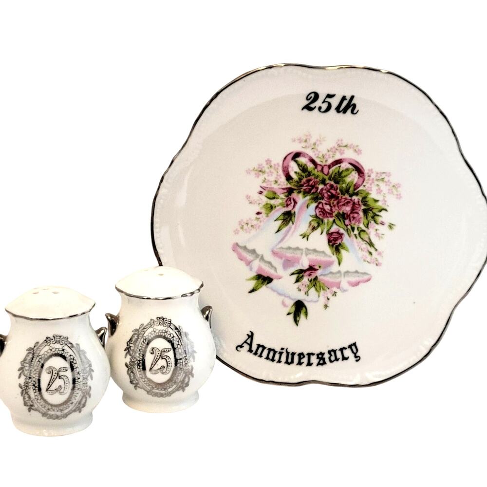 Vintage 25th Anniversary Plate & Salt Pepper Shaker Set Porcelain Silver Trim